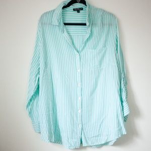 Velvet heart 3x button down blouse, turquoise and white striped 3/4 sleeves